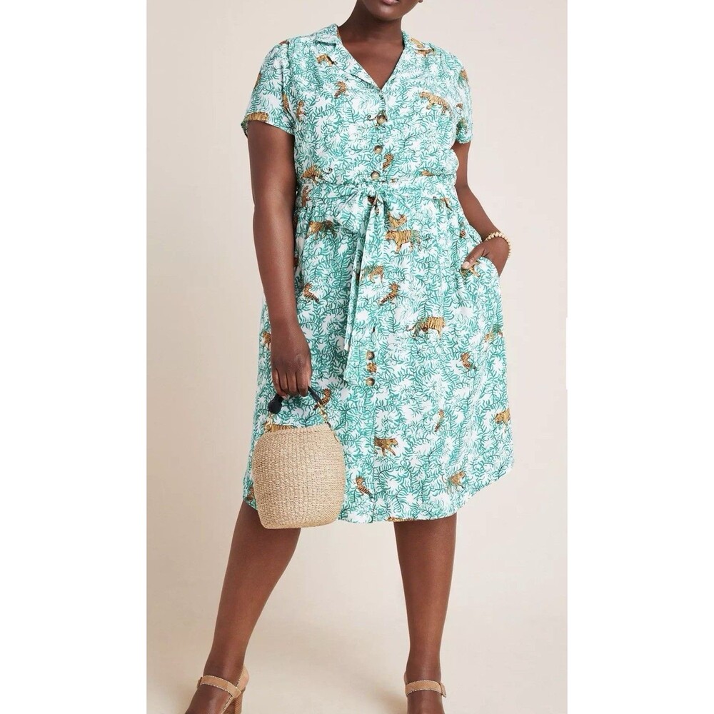 Maeve Anthro Catherine Tiger Print Shirtdress Green Safari Cottagecore Dress 14